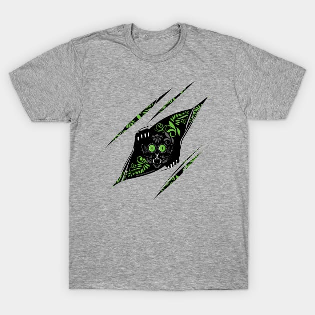 Peekaboo green cat T-Shirt by vjvgraphiks